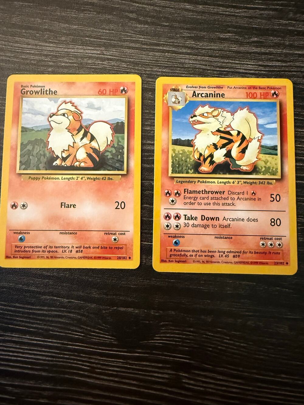 Vintage 1999 Pokemon Cards Base Set Unlimited Growlithe & Arcanine Bundle WOTC